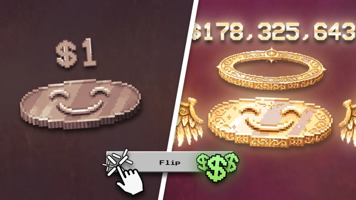 Coin Flip gameplay showing a purple coin and high earnings